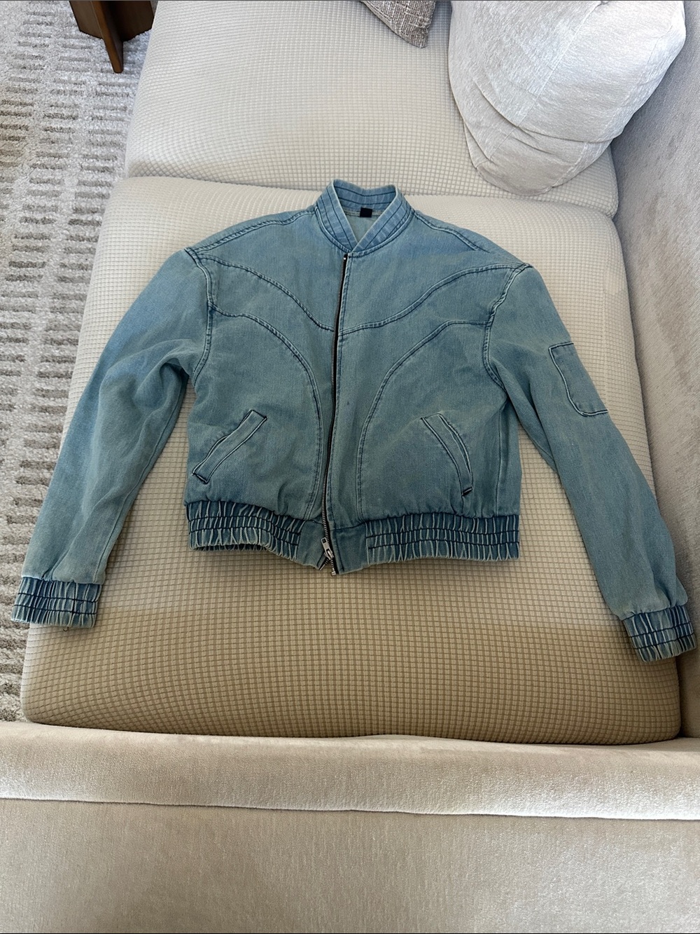 Light Wash Denim Bomber Jacket - Blue